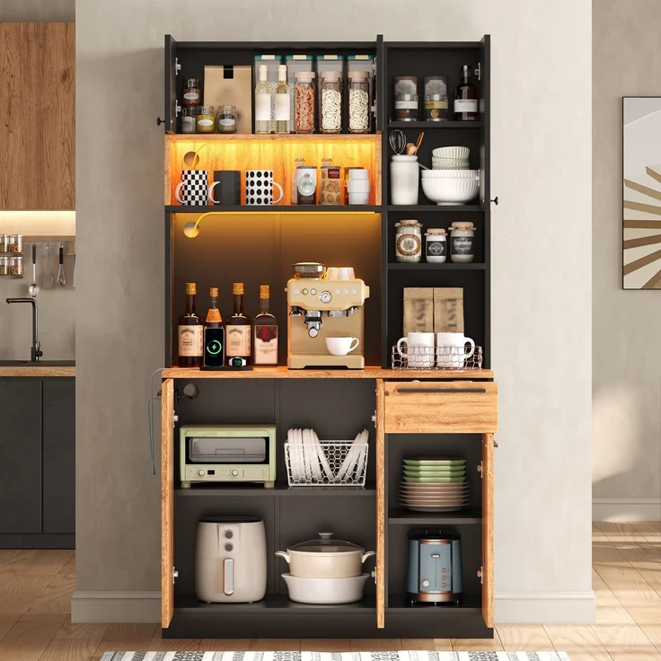 ZUBALIYA Buffetschrank 100x40x180 cm, mit LED-Beleuchtung, mit Steckdosen, mit 6 Türen, aus MDF, Natur – Bild 2