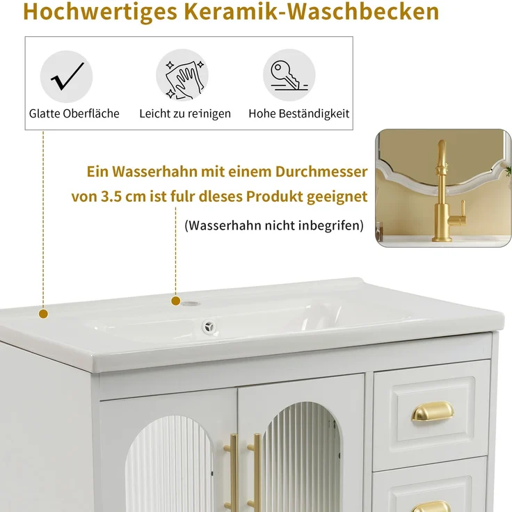 Badmöbel Einzel Waschtisch mit Unterschrank 80cm mit Keramik-Waschbecken,weiß – Bild 7