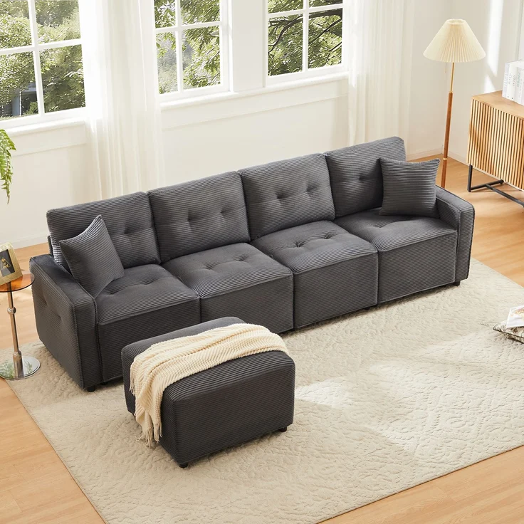 Merax 280cm Großes Sofa, 4-Sitzer Corduroy Sofa, mit Stauraum unter den Sitzflächen, inklusive eines frei platzierbaren Hockers, Grau – Bild 1