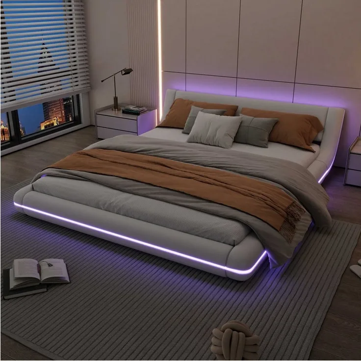 BlingBin Polsterbett Bodenbett (1-tlg, mit LED-Umgebungsbeleuchtung, APP-Steuerung), 160x200 cm Bodenbett in Weiß aus PU und MDF