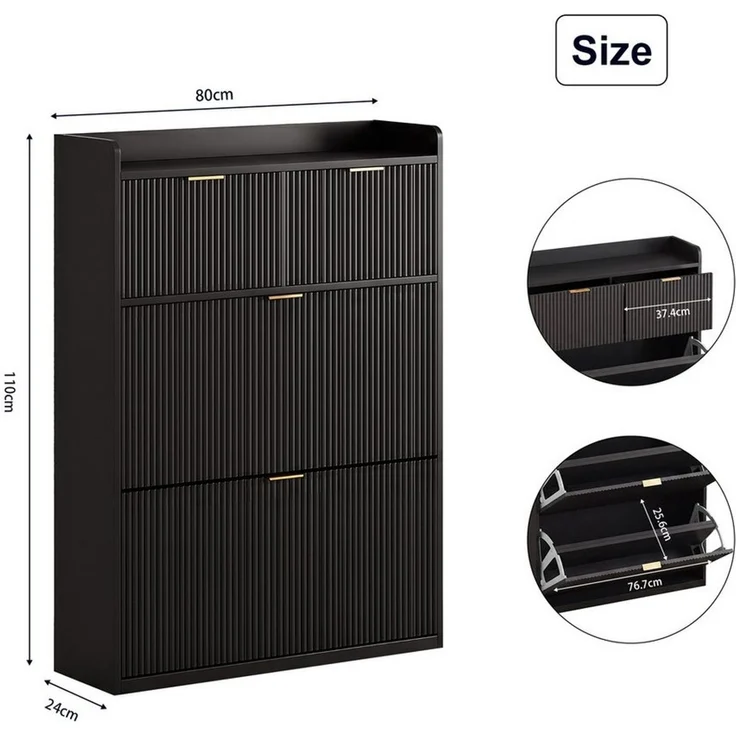 Simurq Schuhschrank Schuhkipper mit Klappen,Schwarz,80x24x110cm (1-St, für Flur Wohnzimmer 80x24x110cm) Schuhkommode aus MDF mit Schublade – Bild 2