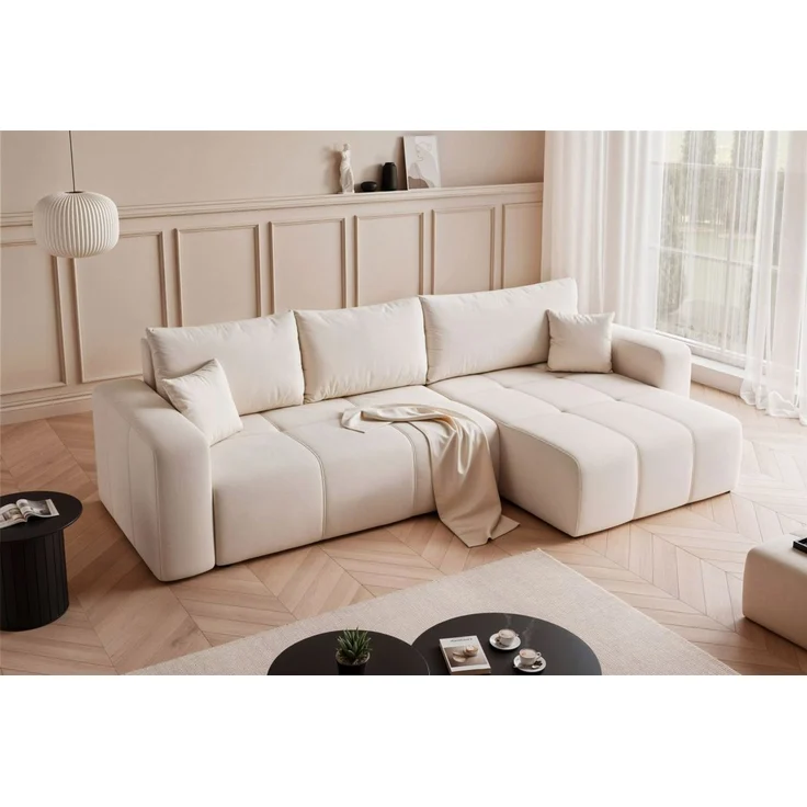 Ecksofa Schlafsofa Sofa LEROS XL in Stoff Manila Creme Ottomane Rechts – Bild 2