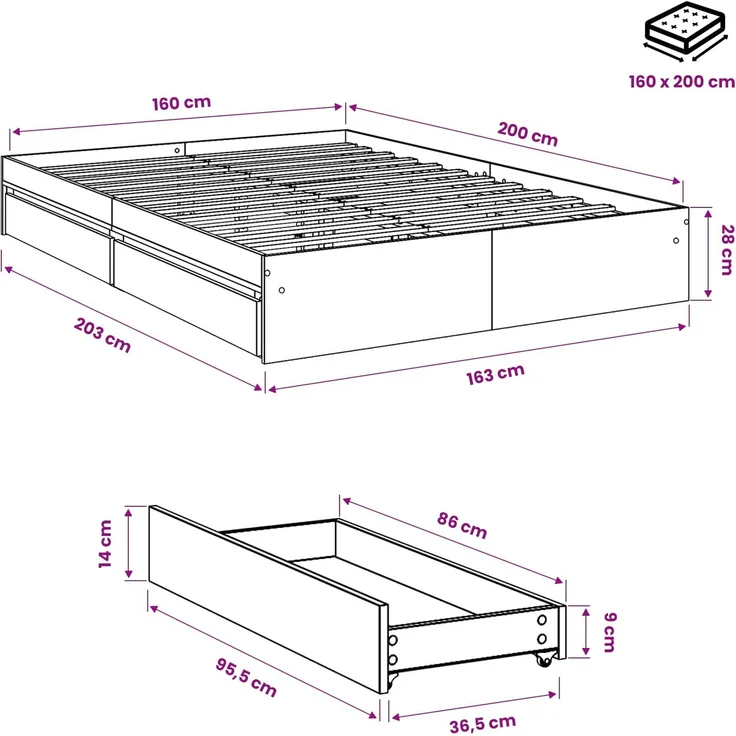 vidaXL Bettgestell mit Schubladen Grau Sonoma 160x200 cm Holzwerkstoff 3280648 – Bild 10