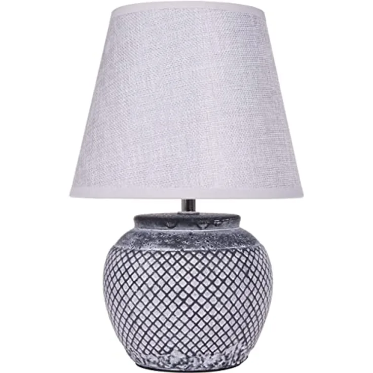 BRUBAKER Tischlampe Nachttischlampe, 30,5 cm hohe graue Keramik mit hellgrauem Leinen-Schirm, Vintage Gitteroptik