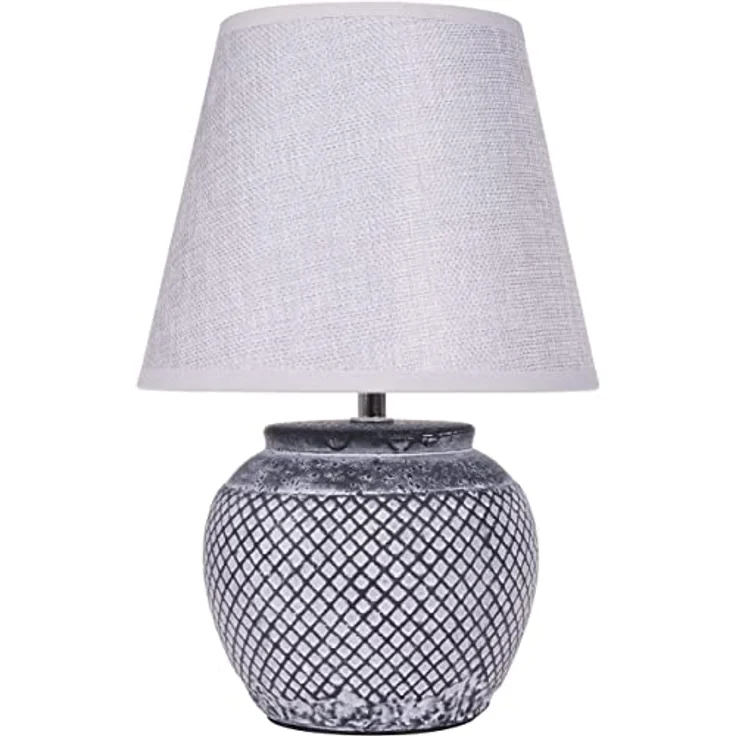 BRUBAKER Tischlampe Nachttischlampe, 30,5 cm hohe graue Keramik mit hellgrauem Leinen-Schirm, Vintage Gitteroptik – Bild 1