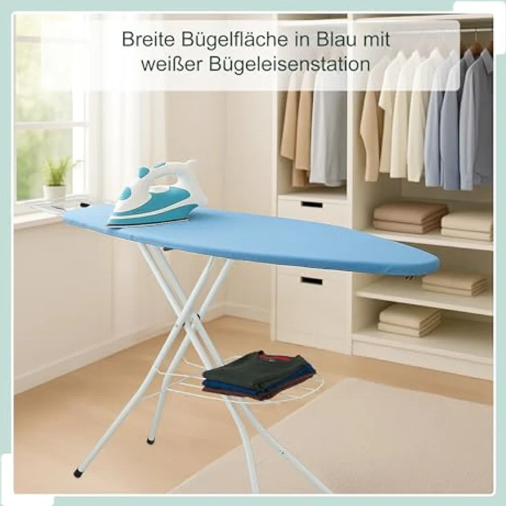 Relaxdays Bügelbrett für Dampfbügeleisen, höhenverstellbar und klappbar, 120 x 38 cm, Kleiderablage, blau – Bild 2