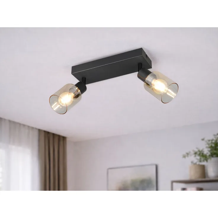 2-flammiger LED Deckenstrahler mit Glasschirmen Amberfarbig, Breite 27cm