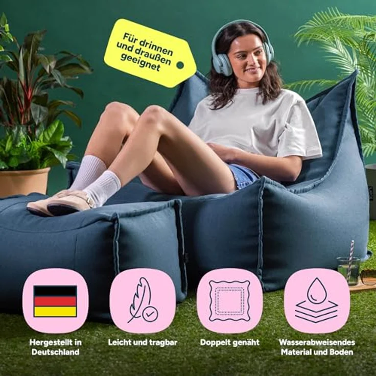 Icon Alto Sitzsack Sessel mit Hocker, Denimblau, Olefin Stoff für Drinnen und Draußen, Riesen Sitzsack mit Füllung, Bequemer Sessel, Garten, Terrasse, Lounge, Wohnzimmer – Bild 4