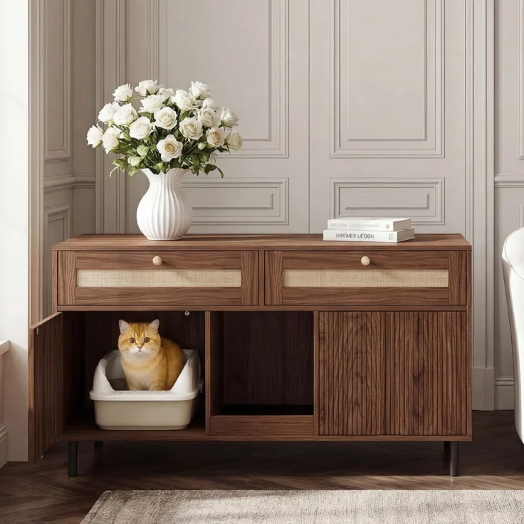 Katzentoilettenschrank 120 x 50 x 65 cm aus MDF mit Schublade und Sandfangmatte – nussbaumfarben – Bild 2