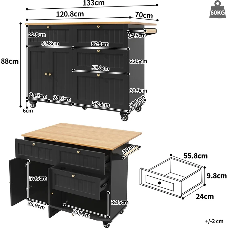 Abrihome Küchenwagen mit Stauraum und Rollen, Schwarz, 88x70x133 cm – Bild 5