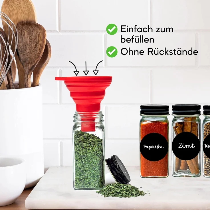 Coradoma Gewürzbehälter Gewürzgläser Set Eckig inkl. Etiketten - Glasbehälter Vorratsdosen, Glas, (24-tlg), mit Reinigungsbürste, Trichter zum Befüllen, Gewürzetiketten – Bild 5