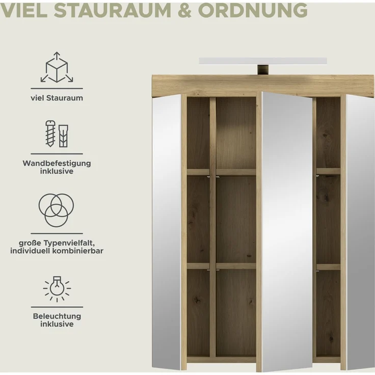 Xonox Scout Spiegelschrank inkl. Beleuchtung (B/H/T: 60x79x18 cm) in Salbei und Artisan Eiche Nachbildung – Bild 10