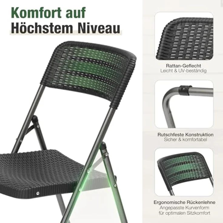 Sekey Rattan Gartenstuhl Klappbar 6er, Campingstuhl Faltbar 200KG, 46 x 53 x 84 cm, Klappstuhl Camping Balkon Garten, Gartenstühle Set Wasserdicht, Schwarz – Bild 8