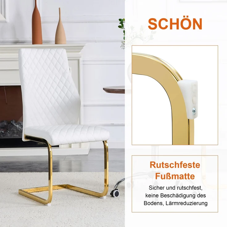 Esstischgruppe H 72 x T 60 x B 60 cm mit 2 Stühlen, MDF-Tischplatte, PU-Leder, goldfarbenes Metallgestell – Bild 7