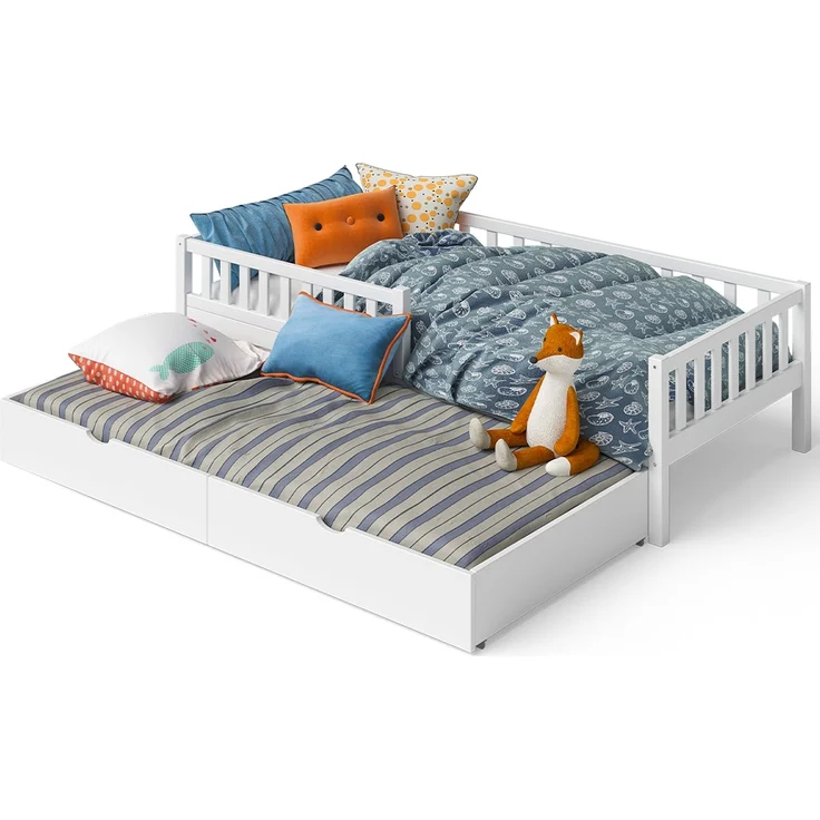 Bellabino 'Vils' Kinderbett 90x200 cm mit Gästebett 90x190 cm, weiß, Kiefer Massivholz, Montessori Bett mit Ausziehbett, mit abnehmbarem Rausfallschutz und Lattenrost – Bild 12