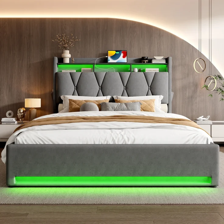 LVHOM Polsterbett 140x200cm mit LED&USB, Doppelbett mit versteckten Stauraum, Stauraumbett mit Lattenrost, Jugendbett mit Bettkasten, Samtstoff, Beige – Bild 9