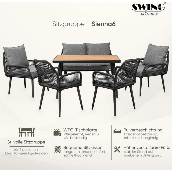 Swing&Harmonie Gartenlounge-Set für 4-6 Personen mit Tisch, Sofa, Stühle, (wetterfest, WPC-Tischplatte, Seilgeflecht Lounge, inkl. Kissen Sienna Garten Sitzgruppe) – Bild 2