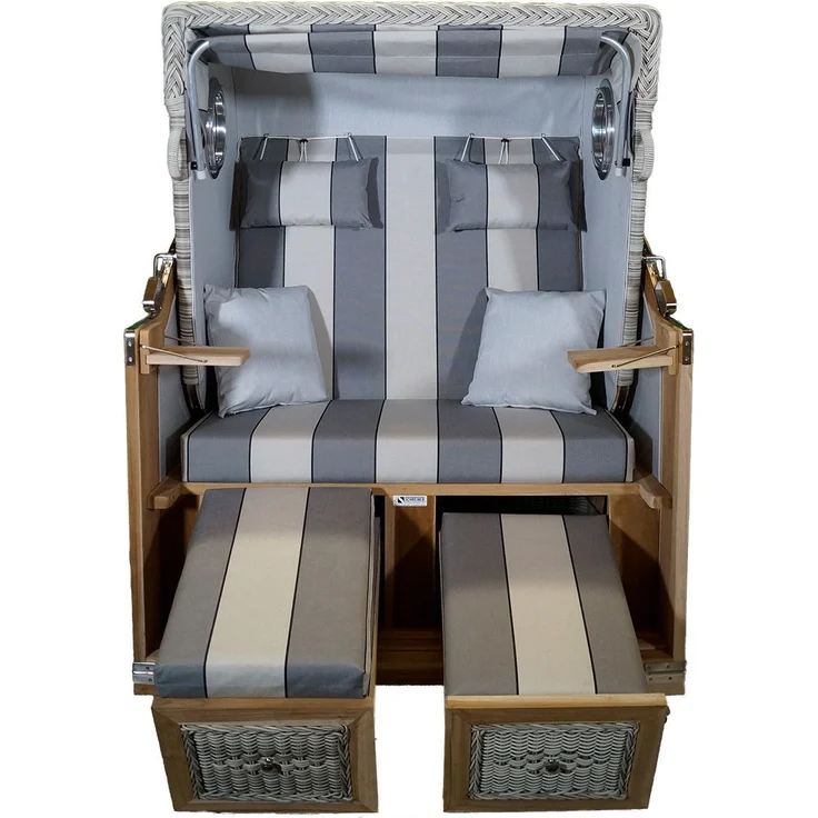 Strandkorb Teak grau schwarz / cremeweiß Stoff 2 Sitzer Voll-Liegemodell – Bild 2
