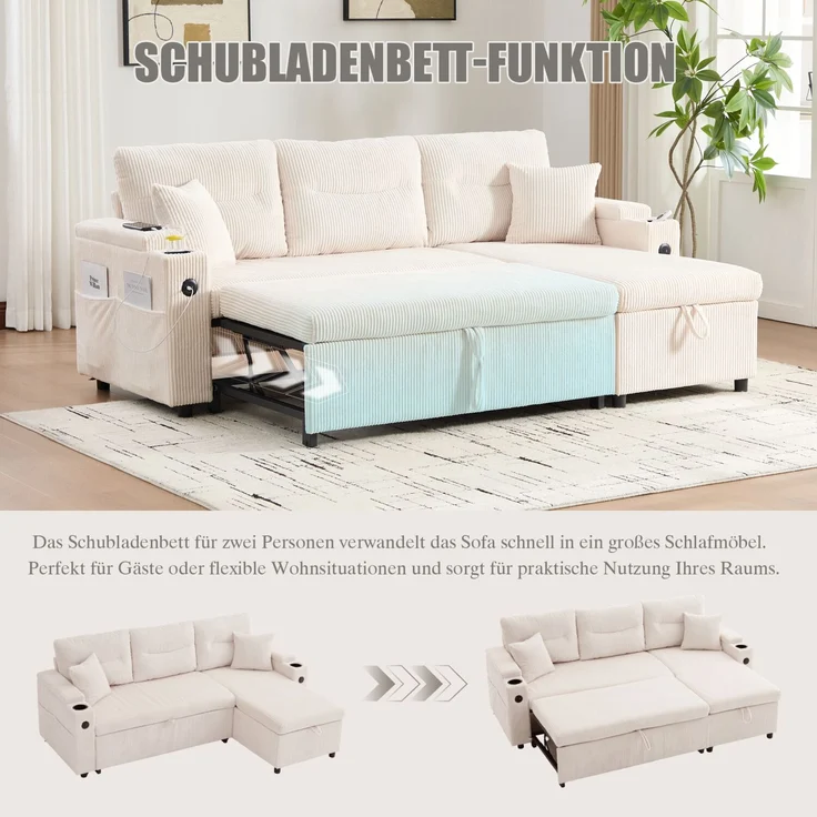 LVHOM Ecksofa mit Schlaffunktion L-Form, Schlafsofa mit Bettkasten, Loungesofa mit USB-C-Anschluss, Seitentaschen und Becherhaltern, Polstersofa aus Cord, Bettsofa ausziehbar 3 Sitzer – Bild 3