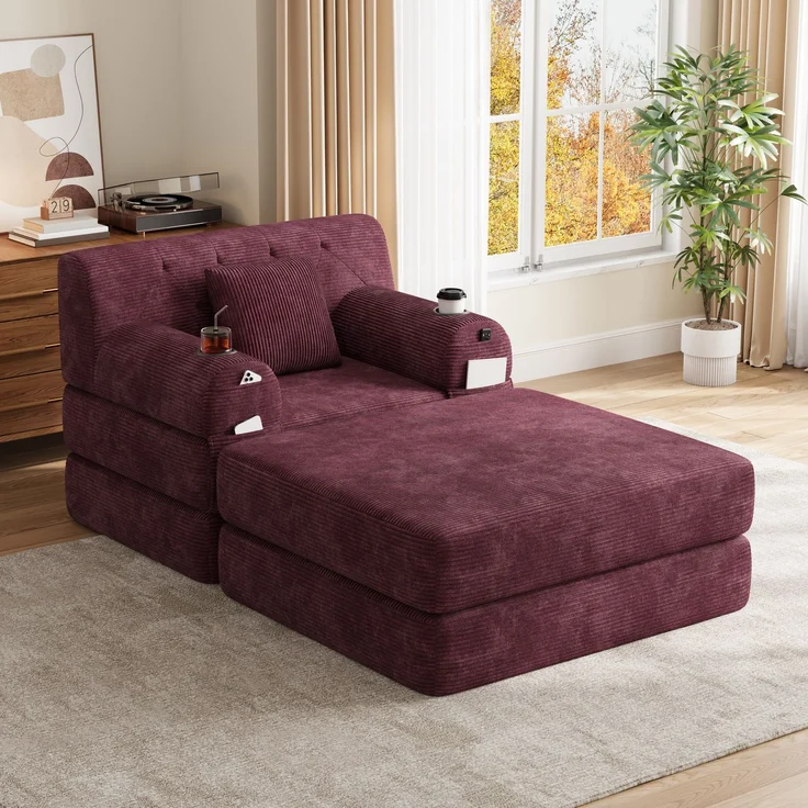 ZUBALIYA Schlafsofa 162x81 cm, mit Stauraum, mit Samtbezug, mit Cordbezug, mit Knopfheftung, mit breiten Armlehnen, Rot – Bild 4