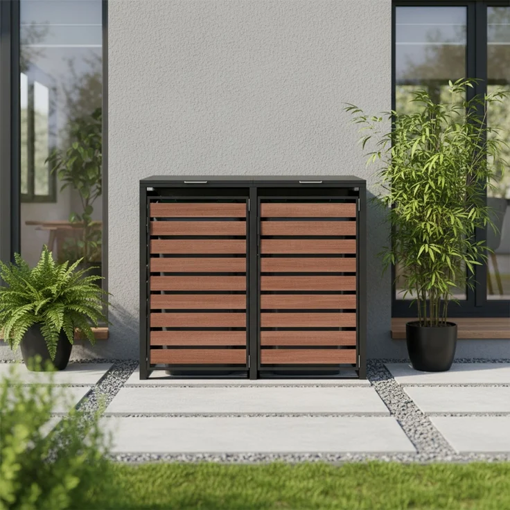 STEELSØN 'Kestra' Mülltonnenbox 2er je 240 Liter, graphitschwarz mit Nußbaum-Holzoptik, Mülltonnenverkleidung aus Stahl, wetterfest, 116x80x134 cm, Müllbox für 2 Tonnen – Bild 2