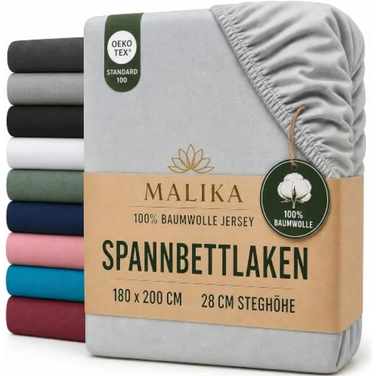 MALIKA® Spannbettlaken 180x200cm - 200x200cm Baumwolle Jersey, atmungsaktiv, Oeko-Tex zertifiziert, für Matratzenhöhe bis 28 cm – Bild 1