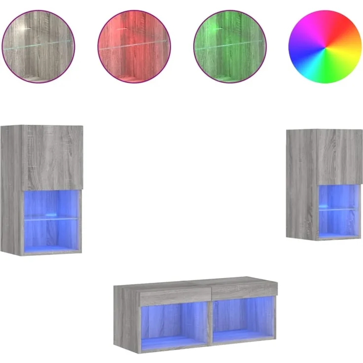 vidaXL 4-tlg. TV-Wohnwand mit LED-Leuchten Grau Sonoma 3216574
