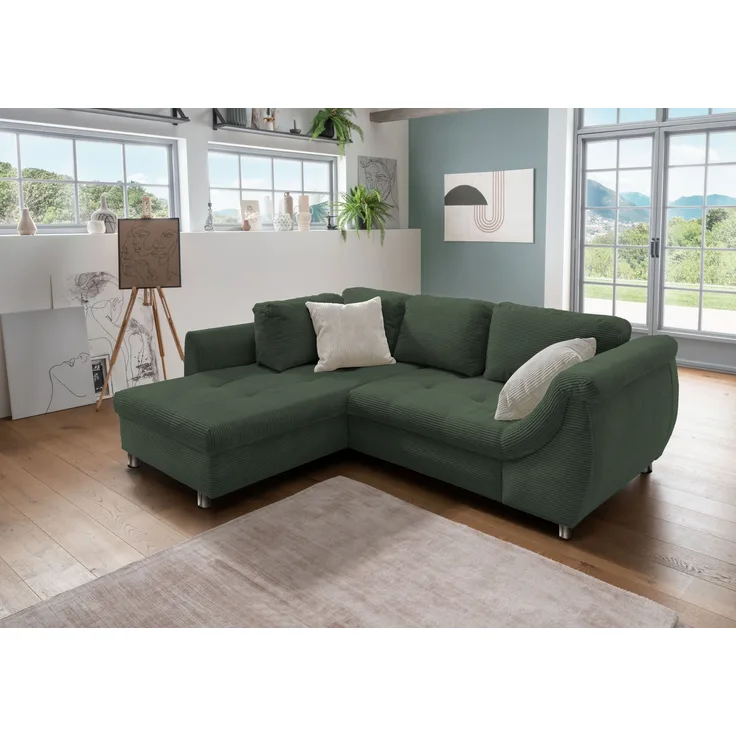 Polsterecke >Allin< Schlaffunktion, moosgrün / silber, Cord - 250x66x190cm (BxHxT)