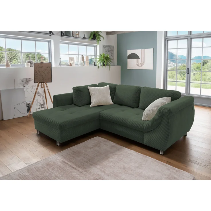 Polsterecke >Allin< Schlaffunktion, moosgrün / silber, Cord - 250x66x190cm (BxHxT) – Bild 1