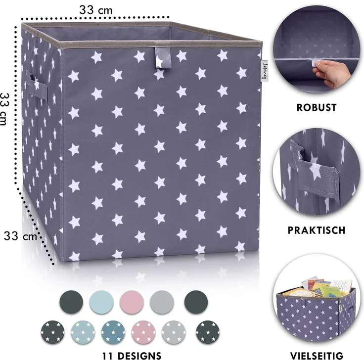 LIFENEY Aufbewahrungsbox mit Sternenmotiv in Dunkelgrau, Spielzeugbox mit Sternen passend für Würfelregale, Ordnungsbox für das Kinderzimmer, Aufbewahrungskorb als Accessoire für Zuhause, 33x33x33 cm – Bild 2