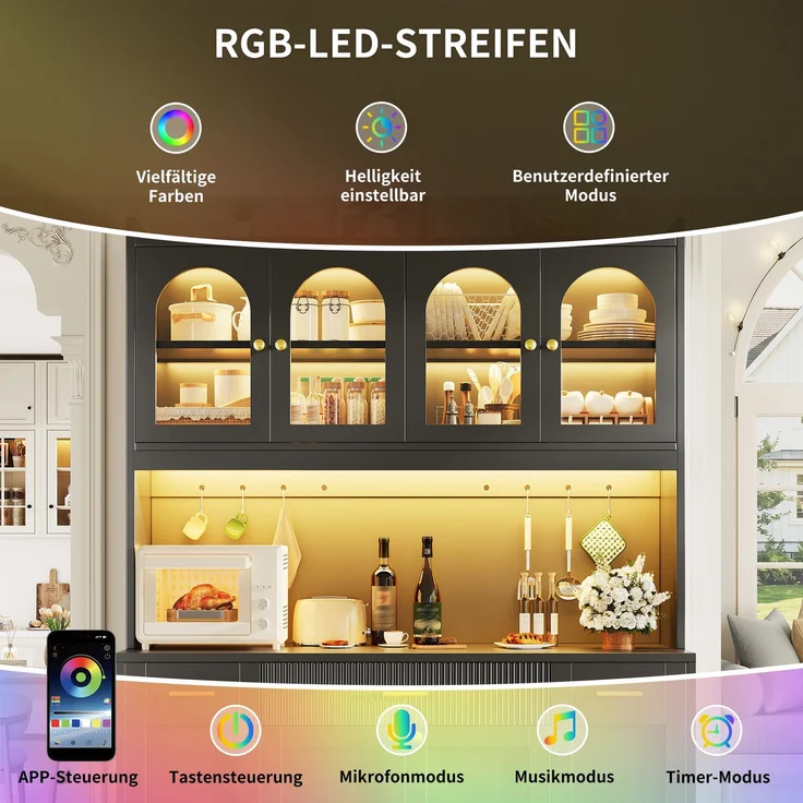Hochküchenschrank 120cm mit RGB-LED, App-Steuerung, 3 Glasvitrinen, Schubkästen & beidseitigen Roll-Ablagen, Weiß/Schwarz – Bild 8