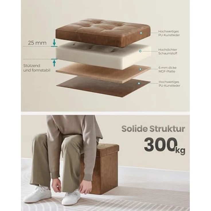 Songmics Sitzhocker 38 cm, Aufbewahrungsbox faltbar, Fußhocker mit Deckel, aus Kunstleder, bis 300 kg belastbar, für Eingang, Wohnzimmer, Schlafzimmer, kaffeebraun LSF030K11 – Bild 5