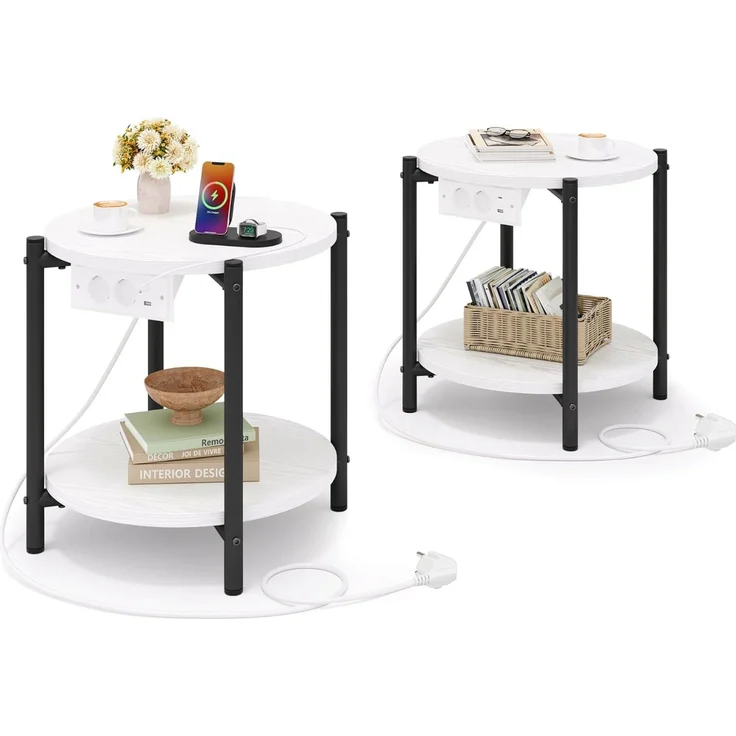 IRONCK Beistelltisch rund, Couchtisch mit Steckdose, Kleiner Tisch Holz, Wohnzimmertisch 2 Ablagen,Sofatisch,USB & Type-C-Anschluss, Metallrahmen, Nachttisch für Schlafzimmer (Weiß, 2 Stücke) – Bild 1