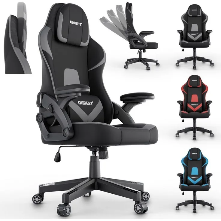 Onbest Gaming-Stuhl ergonomisch mit Lordosenkissen bis 150kg, 360°, verstellbare Armlehnen Kopfstütze Rückenlehne
