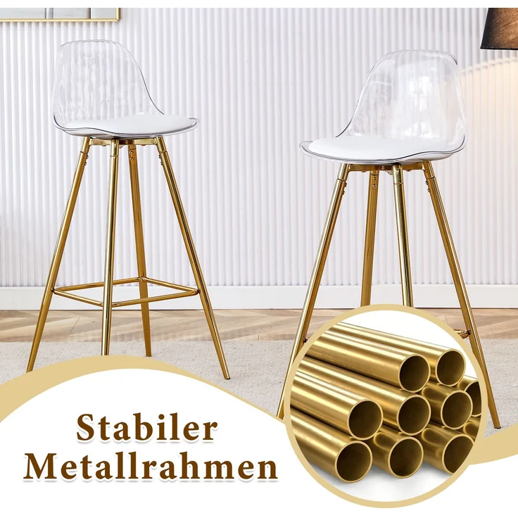 2er-Set Barhocker mit transparentem Lehnen, Goldgestell, Hochstuhl – für Café, Wohnzimmer und Thekenbereich--Gold, Transparent--38x33x96.5cm--YOUDENOVA – Bild 6