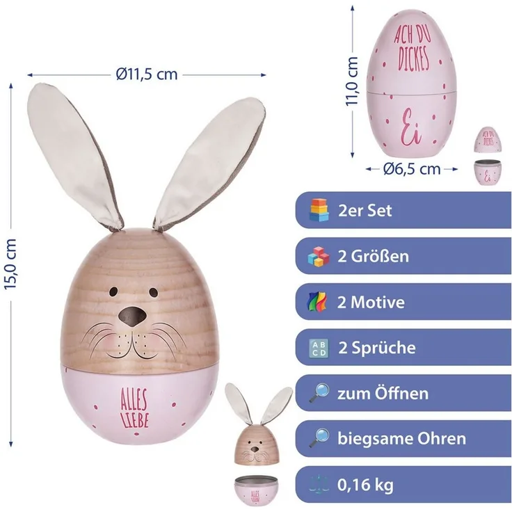 CEPEWA Geschenkbox Geschenkdose Osterhase 2tlg. Ei mit Ohren Ostereidose rosa 11,5x14,5cm