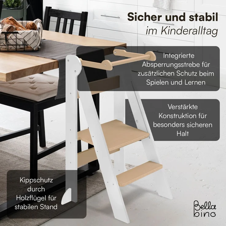 Bellabino 'Tay' Lernturm für Kinder ab 1 Jahr, Tritt 2-fach höhenverstellbar, weiß/natur, Birke Sperrholz, klappbar, Tritthocker bis 50 kg belastbar – Bild 6