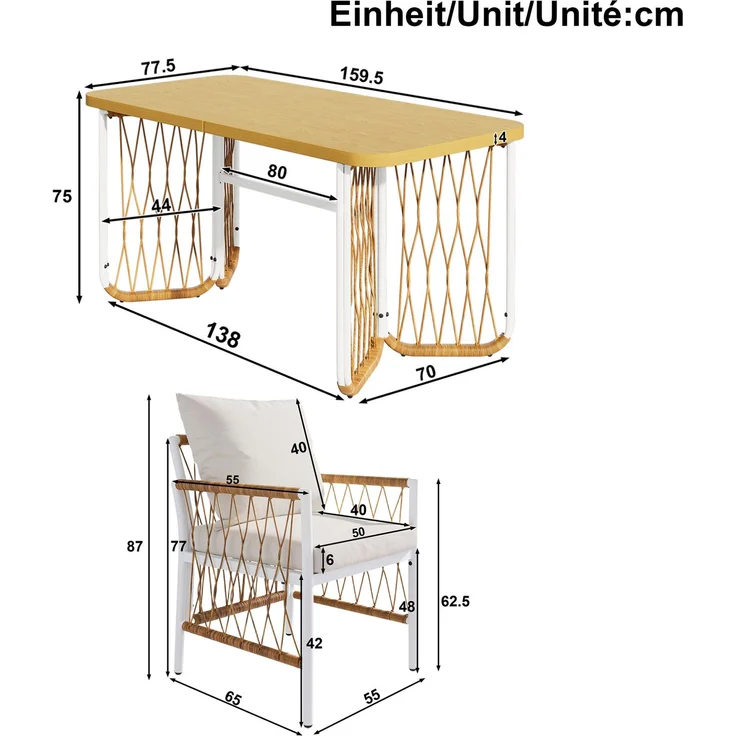 Gartenmöbel-Set mit 6 Stühlen, Tisch in Holzoptik, 159,5x77,5x75 cm, Beige/Braun/Natur – Bild 5