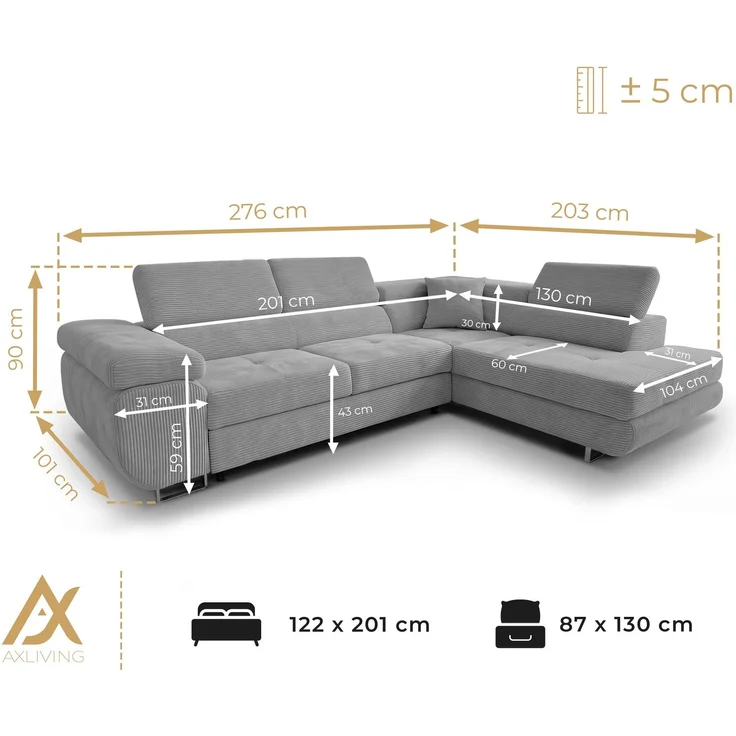 AX LIVING Konak Cord-Schlafsofa R Rosa 276 cm breit mit Bettkasten, Kopfstützen – Bild 8