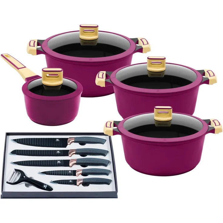 KING Topf-Set GOURMET, Aluminiumguss (Set, 14-tlg, je 1 Kochtopf 18/20/24 cm, 1 Stieltopf 16 cm, Messer-Set), Antihaft-Beschichtung, Induktion