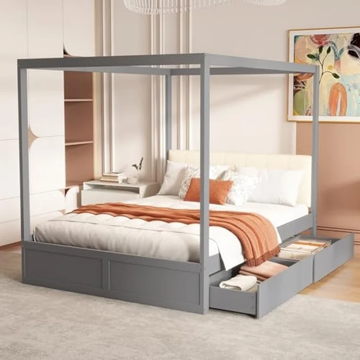 Ball & Cast Himmelbett 140 * 200 cm mit großen Schubladen und weicher Rückenlehne, Holz Bett Grau – Bild 1