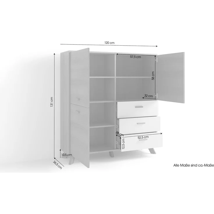 byLIVING Highboard Bastian (1 St), mit massiven Holzfüßen und Griffen, natürlicher Eichenlook, 120cm – Bild 3