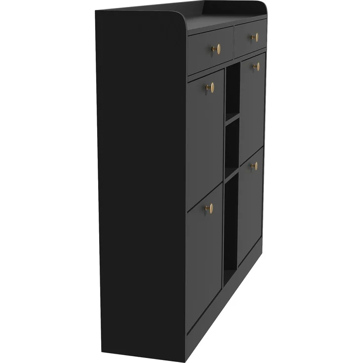 ZUBALIYA Schuhschrank (110 x 26 x 100 cm), 4 Klappfächer und 2 Schubladen, Offener Stauraum, Stauraum für Flur und Eingangsbereich, Schwarz – Bild 15