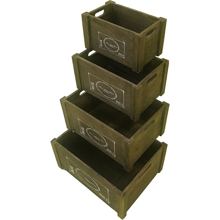 Aufbewahrungsboxen 4er Set Braun Ordnung Shabby Holzkisten Vintage Retro Rustikal Wein Découpage Boxen Griff Kiste Dekorativ Offen Allzweckkiste Box – Bild 2