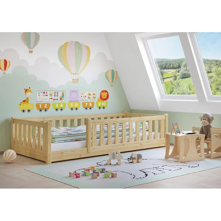 Kinderbett, Bodenbett mit dreiseitiger Sicherung 80x180 Kiefer natur lackiert V-60.77-08-180Rollrost inkl. – Bild 6