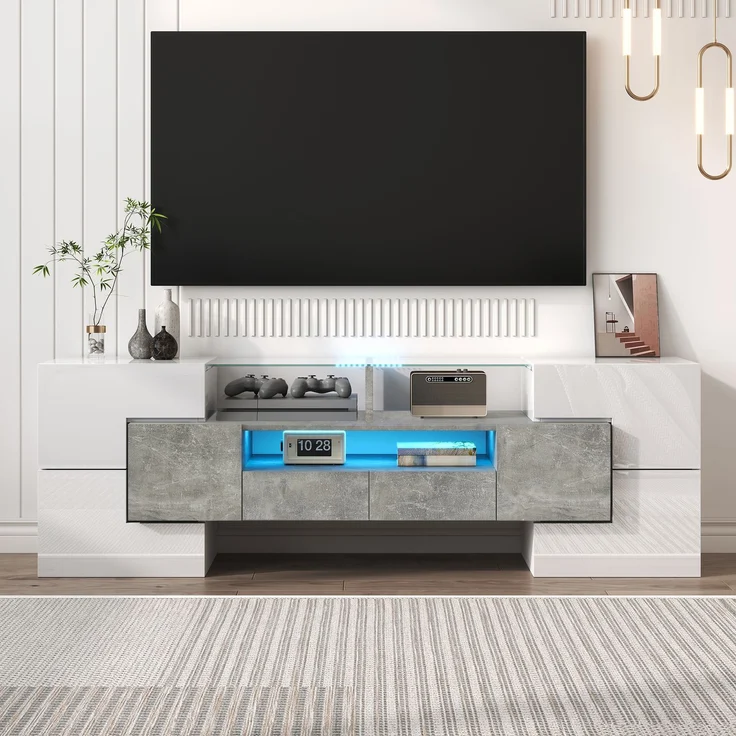 TV-Schrank 145 cm Hochglanzweiß und Beton mit LED-Beleuchtung, 6 Türen, 2 Schubladen, 3 offene Fächer – Bild 5