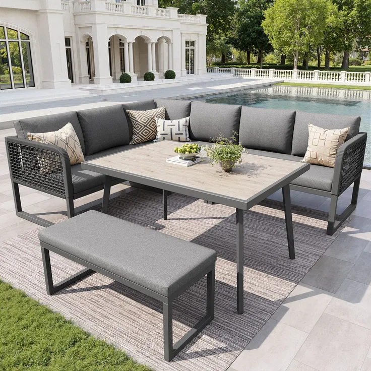 Merax Gartenmöbel Set mit Sitzkissen & Rückenkissen, Garten-Lounge-Set, Garten Loungesessel für 6-8 Personen, SetHandgeflochtene PE-Rattan Polstergruppe, Grau
