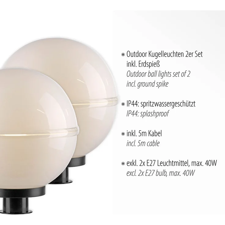 2x Außen Steckleuchten, Kugel, weiß, Erdspieß, Kabel, D 30 cm – Bild 7