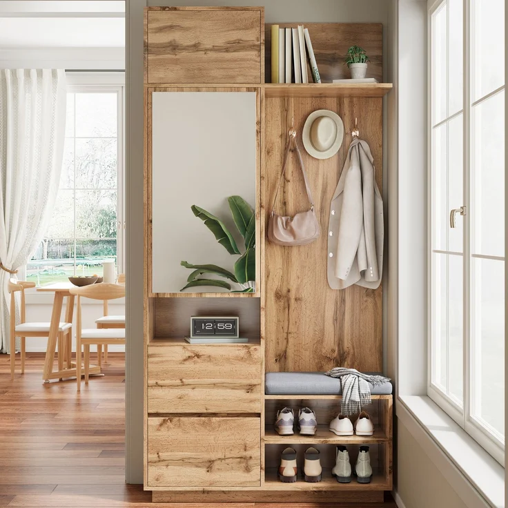 Kompaktgarderobe mit Spiegel und Sitzbank,Flurgarderobe mit Schuhschrank und Haken, Kleiderhaken,Kompaktgarderobe,Flurmöbel Set,Flurgarderobe – Bild 2