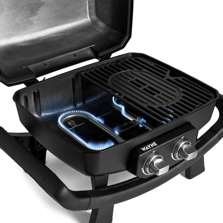 BURNHARD® Tragbarer 2-Brenner Gasgrill WAYNE inkl. Rollwagen, 4,4 kW bis zu 390°C Kompaktgrill mit Aludruckguss Brennkammer inkl. Abdeckhaube, Gusseisen Grillrost, 2 Edelstahlbrenner mit Piezozündung - Multi-Color - #945030 – Bild 5